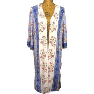 Francesca's Blue Rain Oxford blue floralbord kimono/cardigan duster Large | ab5